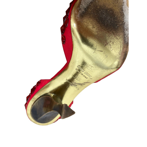 Miu Miu Prada Heels D'Orsay T Strap Jeweled Stiletto Peep Toe Silk Red 36.5 6.5 - Picture 9 of 11